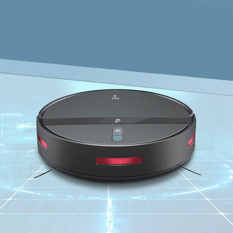 black intelligent sweeping robot vacuum cleaner with red sensors on a digital grid floor
