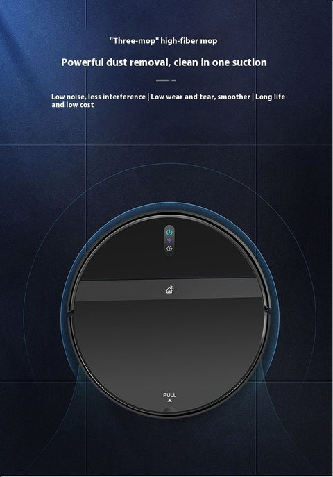 Black intelligent sweeping robot with three-mop high-fiber design on dark tiled floor