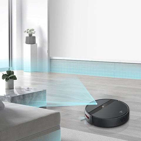 Black intelligent sweeping robot vacuum cleaner mapping a modern living room with hardwood floor