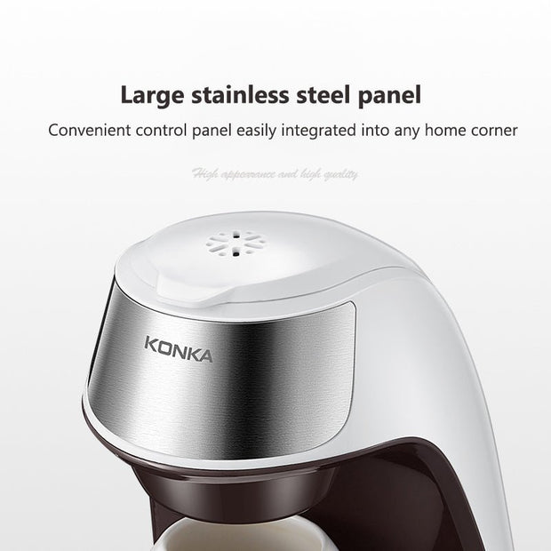Konka compact coffee maker with large stainless steel panel and white curved design