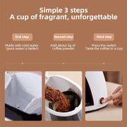 Step-by-step coffee brewing guide with Konka compact coffee maker showing water, coffee powder, and power button