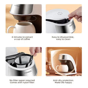 Konka compact coffee maker brewing coffee with nylon filter, easy to clean, anti-dry protection