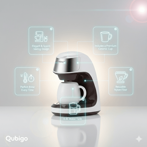 Konka compact coffee maker with white ceramic cup, space-saving design, reusable filter, 0.3L water tank