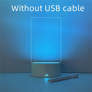 Blue light glowing acrylic message board with white base and marker on table, without USB cable
