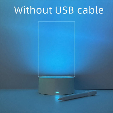 Blue light glowing acrylic message board with white base and marker on table, without USB cable
