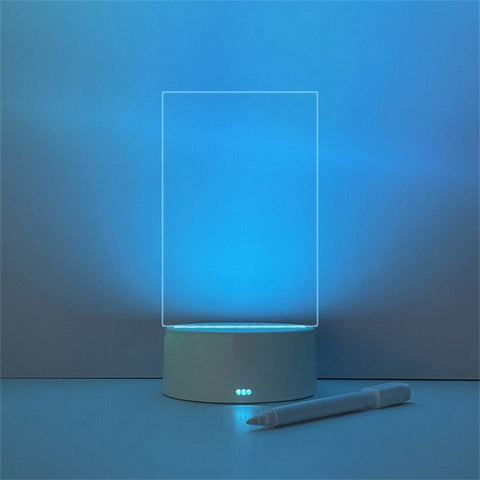 Modern LED light message board with clear acrylic panel and white marker on blue background