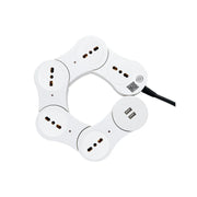 Modular white smart power strip with multiple sockets and dual USB ports connected by black cable