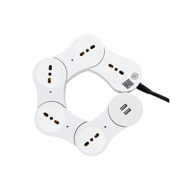 Modular white smart power strip with multiple sockets and dual USB ports connected by black cable