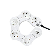 White modular smart power strip with five outlets and two USB ports connected by a black cord