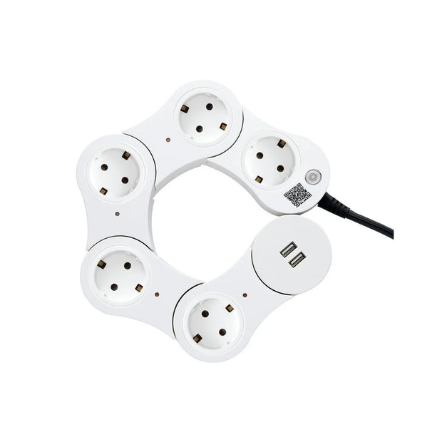 White modular smart power strip with five outlets and two USB ports connected by a black cord