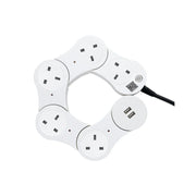 Modular white smart power socket with multiple UK outlets and USB ports arranged in a circular layout