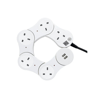 Modular white smart power socket with multiple UK outlets and USB ports arranged in a circular layout