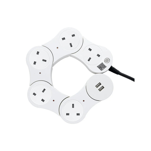 Modular white smart power socket with multiple UK outlets and USB ports arranged in a circular layout