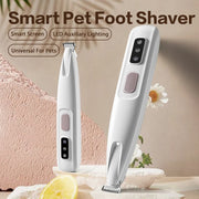 White smart pet foot shaver with LED lighting and smart screen on textured beige background