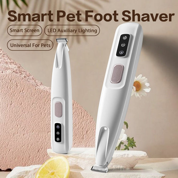 White smart pet foot shaver with LED lighting and smart screen on textured beige background