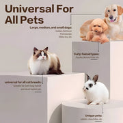 Golden Retriever, Poodle, and cat on pedestals, with a white rabbit, showcasing universal pet grooming compatibility