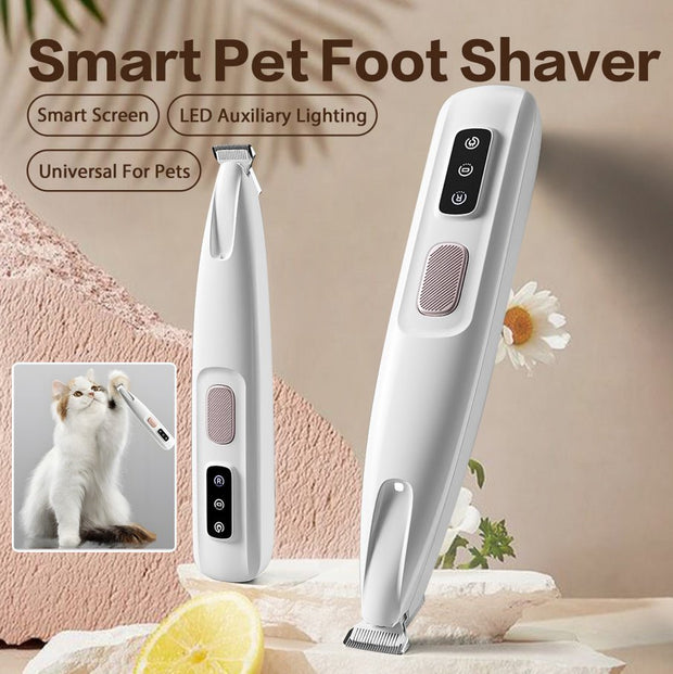 Smart pet foot shaver with LED lighting and smart screen, shown with a cat grooming