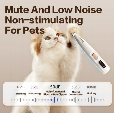 White and brown cat reaching towards a mute, low noise rechargeable pet paw trimmer electric hair clipper