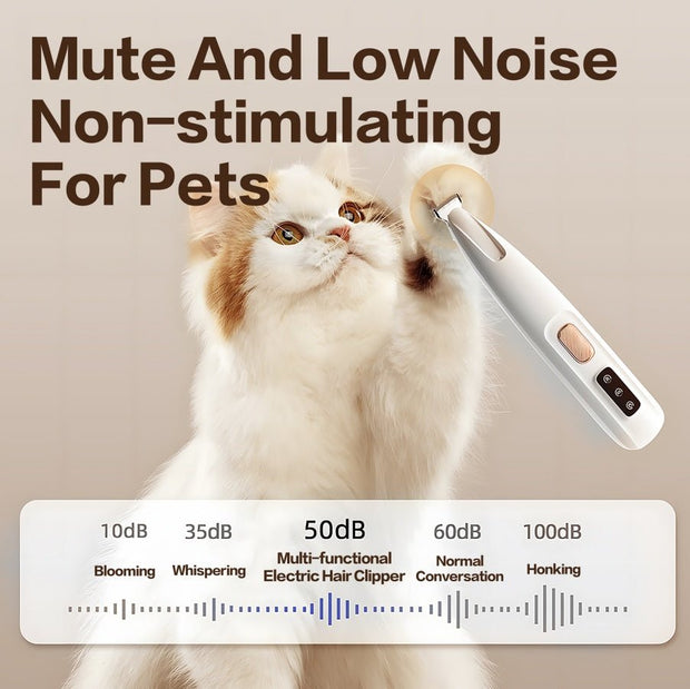 White and brown cat reaching towards a mute, low noise rechargeable pet paw trimmer electric hair clipper