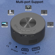 Compact black mini projector showing multi-port support with USB, 5V 2A, IR input, headset, and built-in speaker