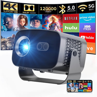 4K mini projector with HDMI, Bluetooth 5.0, 5G WiFi, Dolby Audio showing streaming apps like Netflix and YouTube