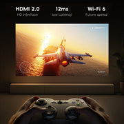 Person holding game controller playing fighter jet combat game projected on wall with HDMI 2.0 and Wi-Fi 6