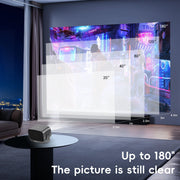 Compact mini projector on table displaying clear image sizes from 20" to 180" in modern living room