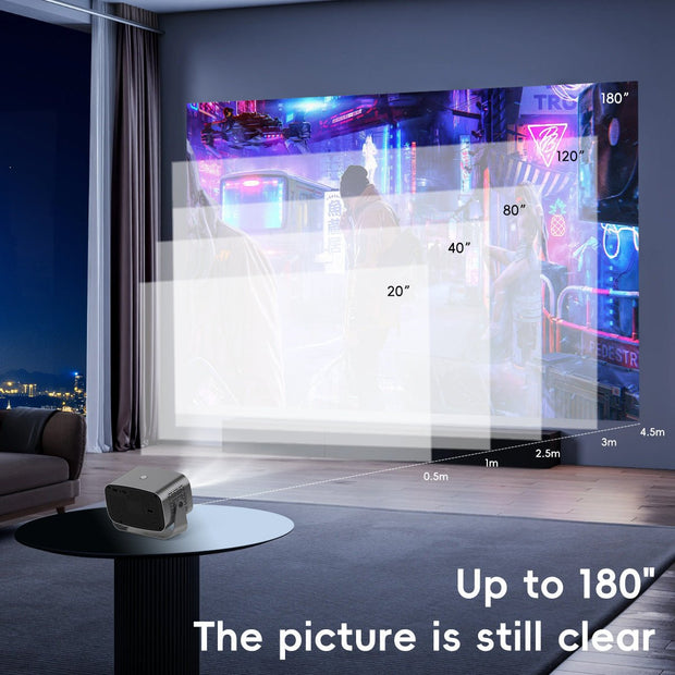 Compact mini projector on table displaying clear image sizes from 20" to 180" in modern living room