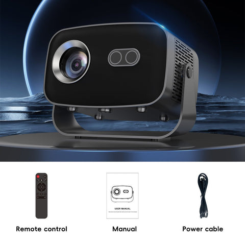 4K mini projector on display stand with remote control, user manual, and power cable