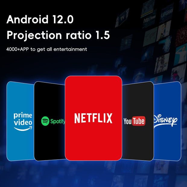 Android 12.0 projector screen showing apps Netflix, Prime Video, Spotify, YouTube, Disney with 1.5 projection ratio