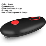 Black ergonomic can opener with red buttons, safety design and durable sharp edge