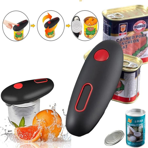 Electric can opener tool with black and red design opening canned food and coconut milk