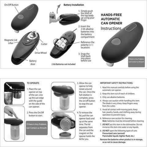 Hands-free automatic can opener with on/off button, magnetic lid lifter, cutter, and battery compartment