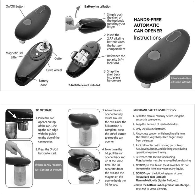 Hands-free automatic can opener with on/off button, magnetic lid lifter, cutter, and battery compartment