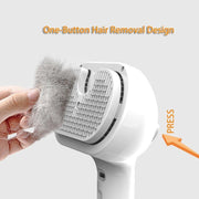 White self-cleaning pet hair removal comb with one-button design and collected pet fur