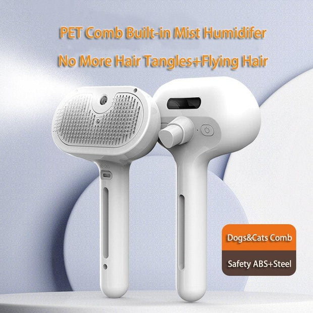 White PET comb with built-in mist humidifier for dogs and cats hair grooming, made of ABS and steel