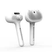 White self-cleaning pet hair comb with ergonomic handle and metal bristles on white background