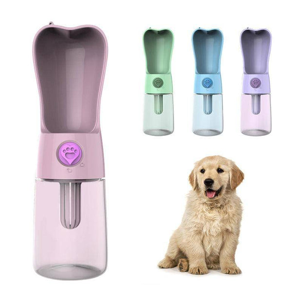 Portable pet water bottle for dogs and cats in pink, green, blue, and purple with a golden retriever puppy