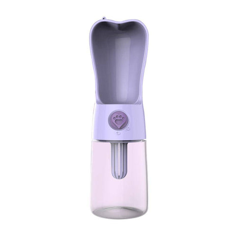 portable pet water bottle with purple bowl and transparent water container for dogs and cats