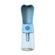 Portable blue pet water bottle with attached drinking bowl for dogs and cats