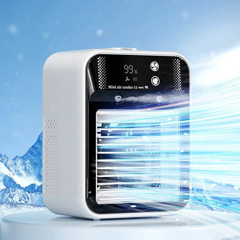 White mini air cooler with digital display emitting cool air streams on snowy mountain background