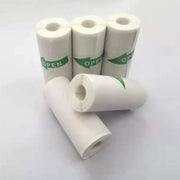 Five white portable Bluetooth printer paper rolls with green OPEN arrows on a white background