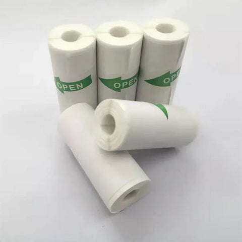 Five white portable Bluetooth printer paper rolls with green OPEN arrows on a white background