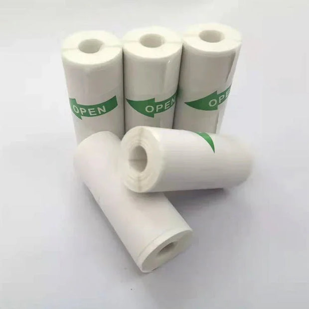 Five white portable Bluetooth printer paper rolls with green OPEN arrows on a white background