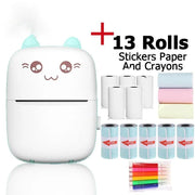 Cute white portable Bluetooth printer with cat face, 13 rolls of sticker paper and colorful crayons