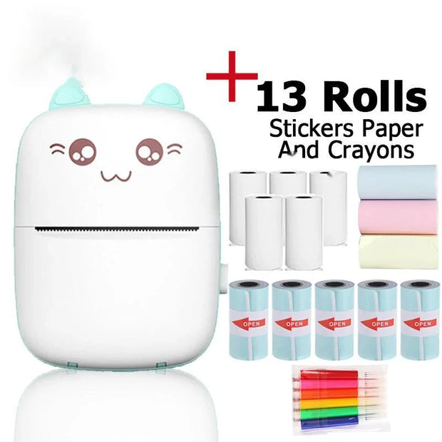 Cute white portable Bluetooth printer with cat face, 13 rolls of sticker paper and colorful crayons