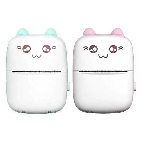Two portable Bluetooth printers with cute cat faces and ears, one with teal and one with pink accents