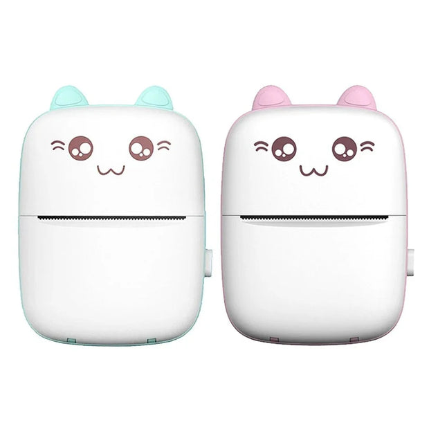 Two portable Bluetooth printers with cute cat faces and ears, one with teal and one with pink accents