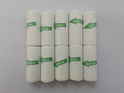 Eight rolls of white thermal paper with green 'OPEN' labels, arranged in two rows on a white surface