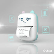 Cute portable Bluetooth thermal printer with cartoon face and cat ears, printing receipt paper